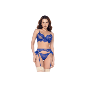 Ensemble sexy 3 pièces bleu intense avec dentelle effet cils 